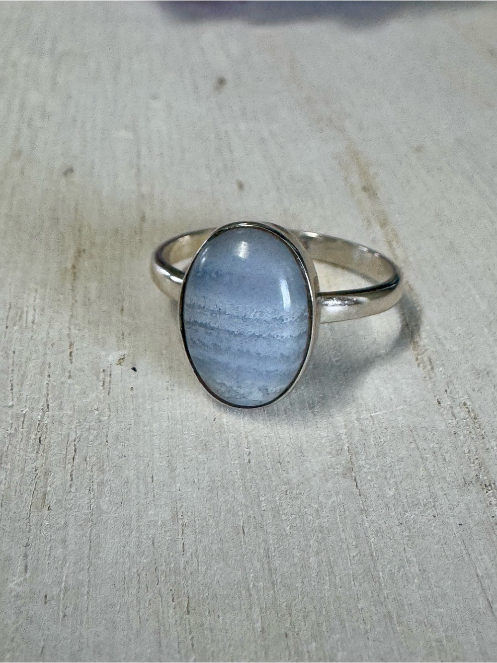 Blue Lace Agate Sterling Silver Oval Gemstone Ring - Blue Size 10 - 10.25